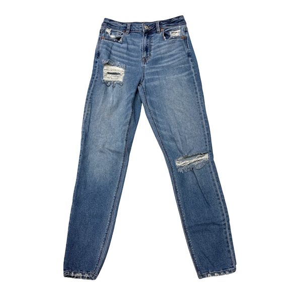 American Eagle Jeans Womens Size 4 Long Blue Mom Jean Stretch Thrashed Ripped - Picture 1 of 11
